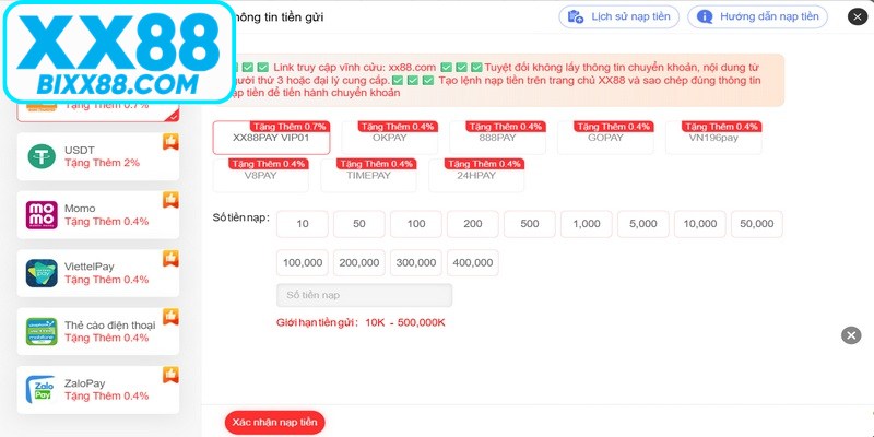 Nạp tiền XX88 qua các kênh tài khoản ngân hàng, ví trực tuyến